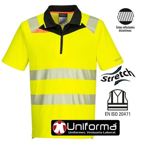 Polo de alta visibilidad tejido elástico con cierre de cremallera Polo de trabajo de alta visibilidad en tejido elástico con cierre de cremallera personalizable con logo de empresa en uniforma