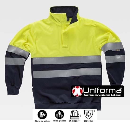 Sudadera Alta Visibilidad Clase 1 Sudadera de trabajo reflectante de alta visibilidad clase 1 de diseño bicolor y con cuello de velcro, personalizable con logo de empresa en uniforma