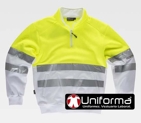 Sudadera de trabajo alta visibilidad clase 1 Sudadera de trabajo reflectante de alta visibilidad clase 1 con cuello alto y cierre de cremallera personalizable con logo de empresa en Uniforma