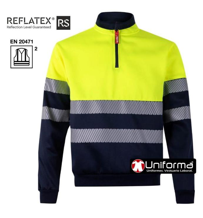 Sudadera de trabajo alta visibilidad Clase 1 Sudadera de trabajo reflectante de alta visibilidad Clase 1, de cuello alto, diseño bicolor, cierre de cremallera, personalizable con logo de empresa en Uniforma