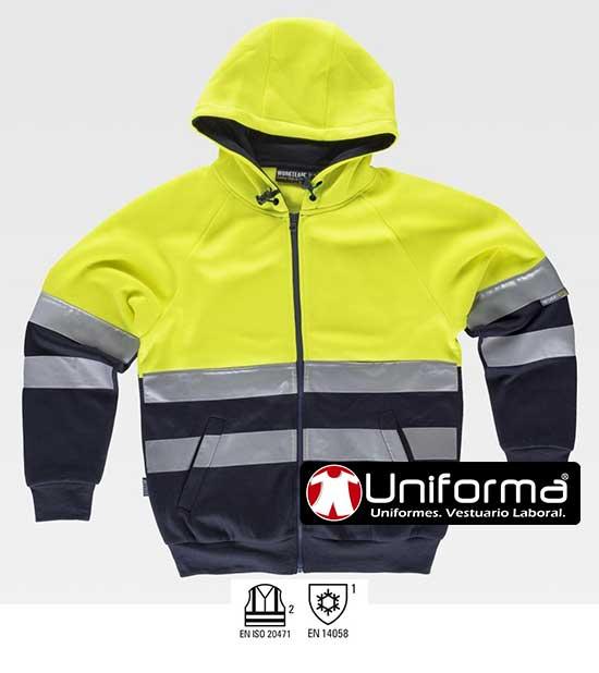 Sudadera de capucha de alta visibilidad Clase 2 Sudadera de trabajo reflectante de alta visibilidd clase 2 con capucha y cierre de cremallera central personalizable con logo de empresa en uniforma