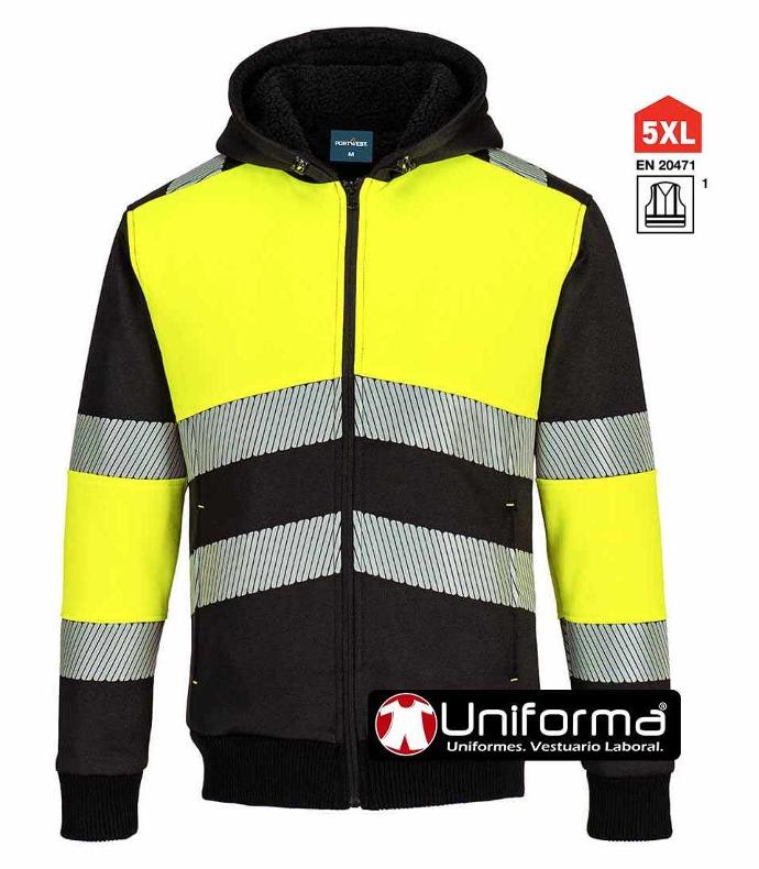Sudadera de alta visibilidad clase 1 con capucha amarilla y negro Sudadera de trabajo reflectante de alta visibilidad Clase 1 con capucha y bandas reflectantes segmentadas, combinada amarillo y negro, personalizable con logo de empresa en Uniforma