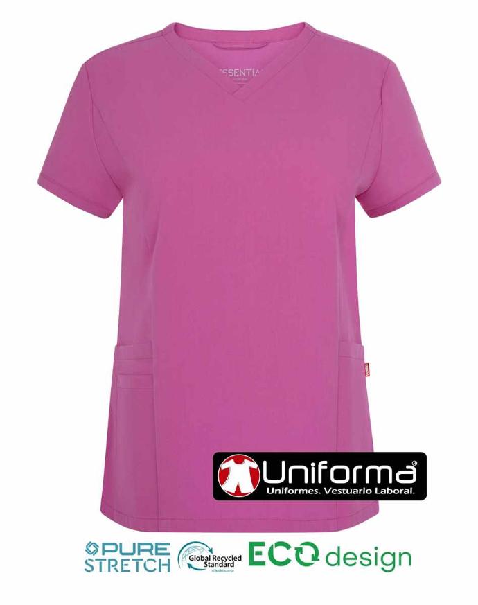 Casaca rosa cuello pico en tejido suave de fácil lavado sin plancha con tratamiento anti bacterias, de microfibra, personalizable con logo de empresa en Uniforma