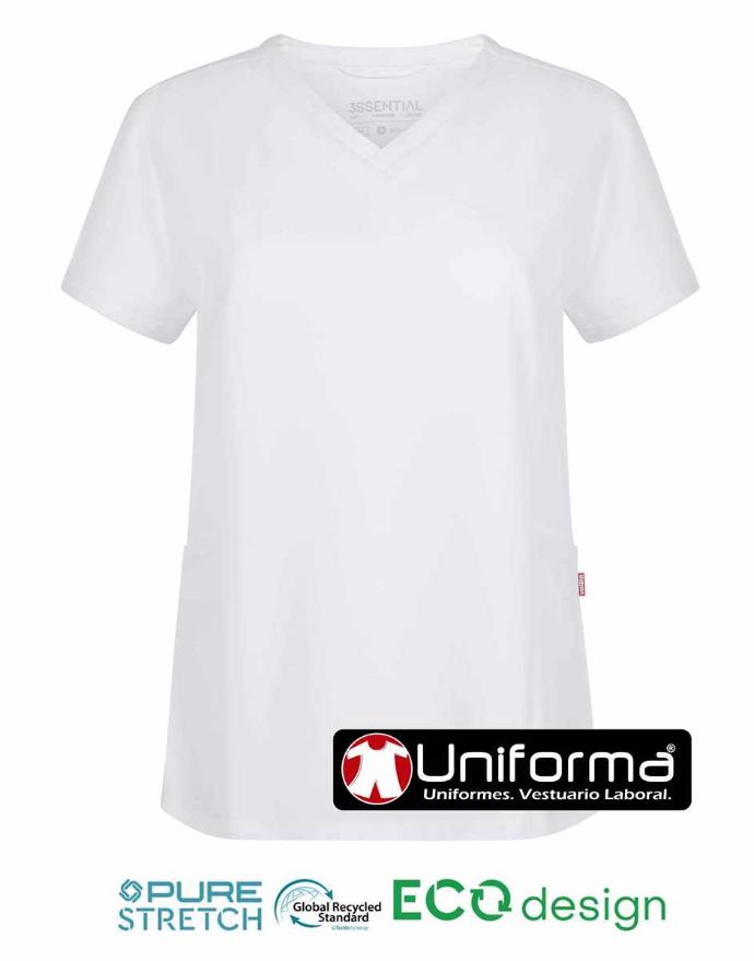 Casaca blanca cuello pico en tejido suave de fácil lavado sin plancha con tratamiento anti bacterias, de microfibra, personalizable con logo de empresa en Uniforma