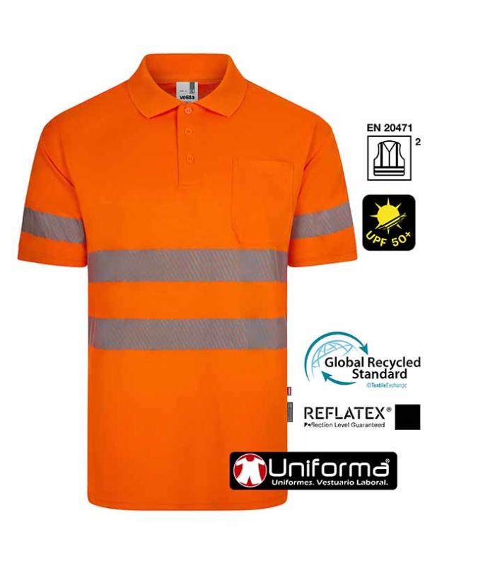Polo de alta visibilidad naranja de poliéster reciclado obtenido del reciclaje de botellas de plástico, en Uniforma