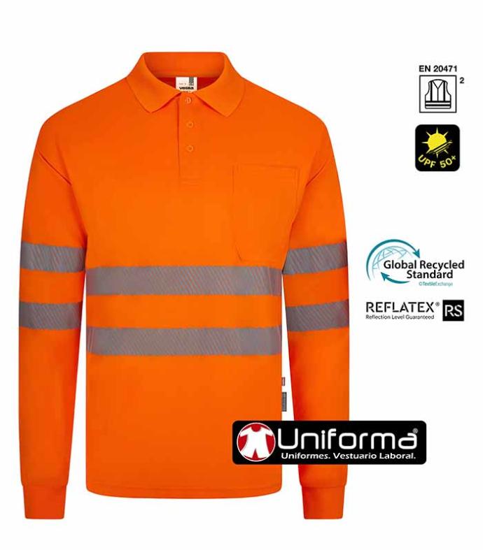 Polo de trabajo de alta visibilidad con cinta reflectantes segmentadas fabricado a partir del reciclaje de botellas de plástico, homologado para alta visibilidad EN ISO 20471, personalizables con logo de empresa en Uniforma