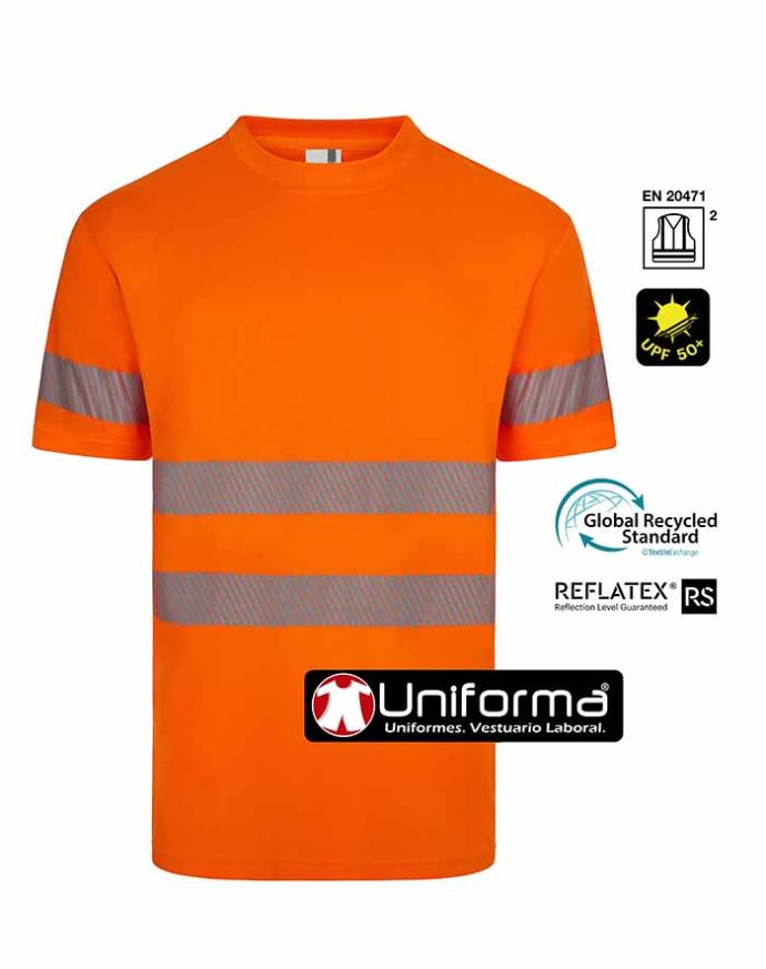 Camiseta de manga corta reflectante de alta visibilidad fabricada con poliéster reciclado de botellas de plástico, personalizables con logo de empresa, homologadas para alta visibilidad EN ISO 20471 clase 2