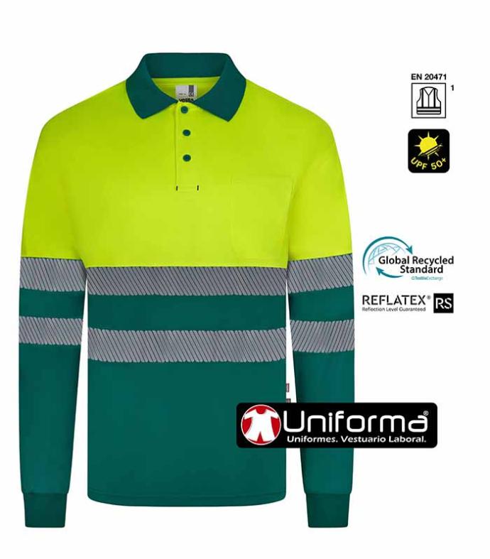 Polo de trabajo de alta visibilidad con cinta reflectantes segmentadas fabricado a partir del reciclaje de botellas de plástico, homologado para alta visibilidad EN ISO 20471, personalizables con logo de empresa en Uniforma
