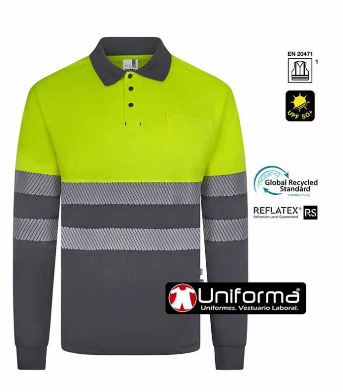 Polo de trabajo de alta visibilidad con cinta reflectantes segmentadas fabricado a partir del reciclaje de botellas de plástico, homologado para alta visibilidad EN ISO 20471, personalizables con logo de empresa en Uniforma