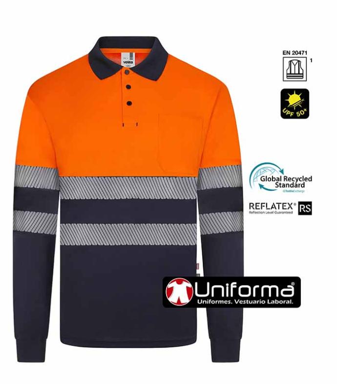 Polo de trabajo de alta visibilidad con cinta reflectantes segmentadas fabricado a partir del reciclaje de botellas de plástico, homologado para alta visibilidad EN ISO 20471, personalizables con logo de empresa en Uniforma