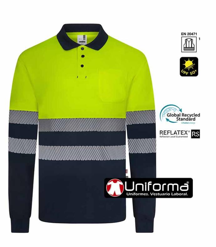Polo de trabajo de alta visibilidad con cinta reflectantes segmentadas fabricado a partir del reciclaje de botellas de plástico, homologado para alta visibilidad EN ISO 20471, personalizables con logo de empresa en Uniforma