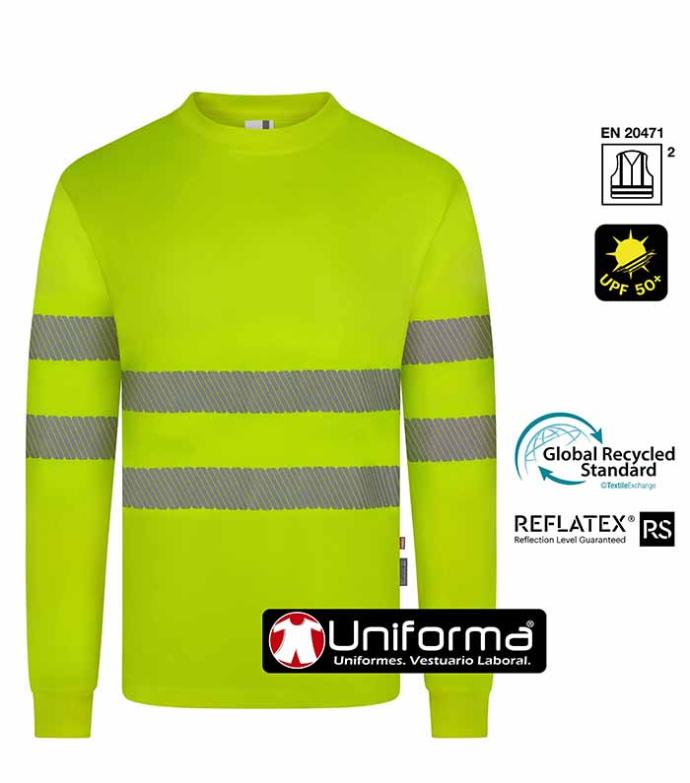 Camiseta de manga larga reflectante de alta visibilidad fabricada con poliéster reciclado de botellas de plástico, personalizables con logo de empresa, homologadas para alta visibilidad EN ISO 20471 clase 2