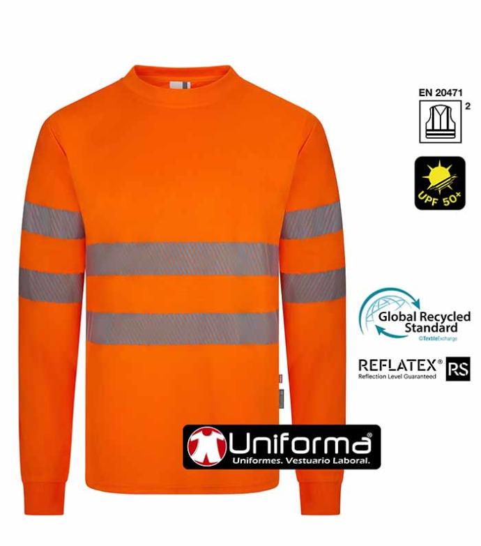Camiseta de manga larga reflectante de alta visibilidad fabricada con poliéster reciclado de botellas de plástico, personalizables con logo de empresa, homologadas para alta visibilidad EN ISO 20471 clase 2