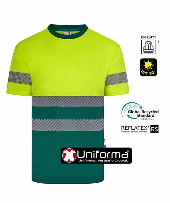 Camiseta de trabajo reflectante de alta visibilidad fabricada con botellas de plástico de poliéster reciclado, personalizables con logo de emrpresa en Uniforma