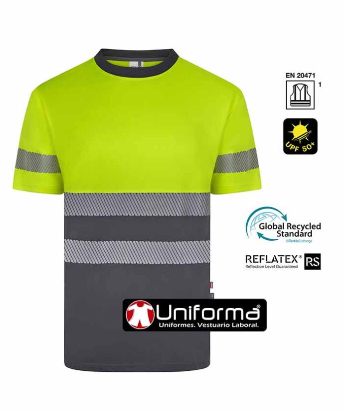 Camiseta de trabajo reflectante de alta visibilidad fabricada con botellas de plástico de poliéster reciclado, personalizables con logo de emrpresa en Uniforma