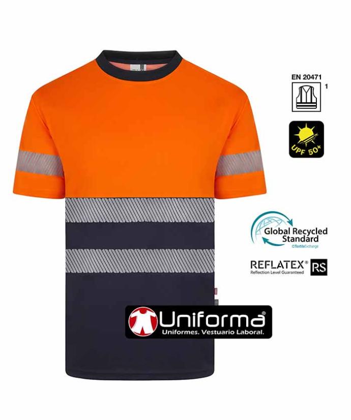 Camiseta de trabajo reflectante de alta visibilidad fabricada con botellas de plástico de poliéster reciclado, personalizables con logo de emrpresa en Uniforma