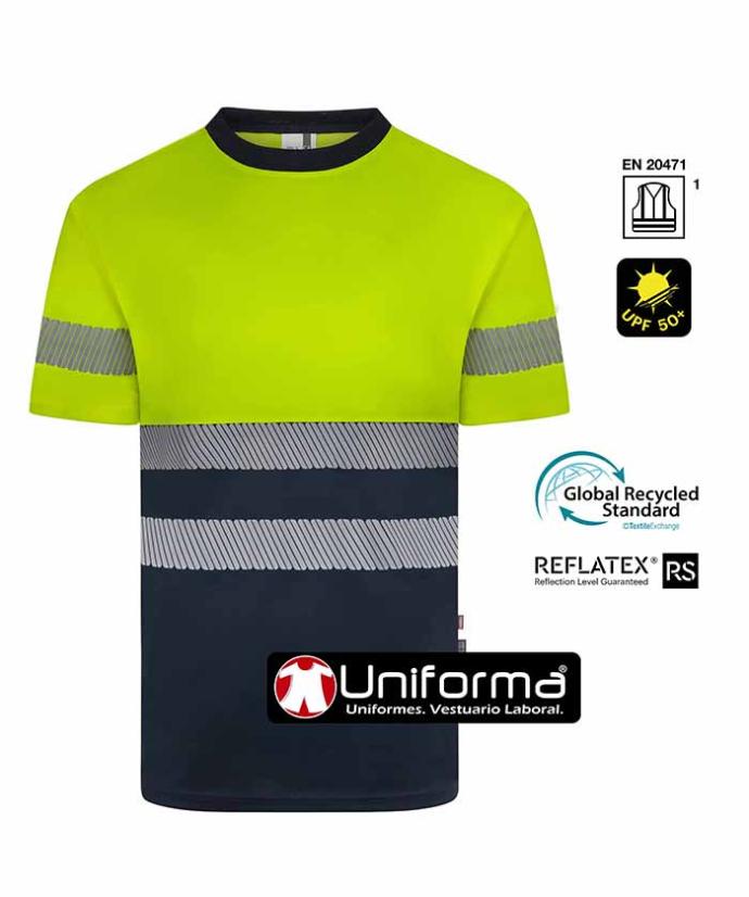 Camiseta de trabajo reflectante de alta visibilidad fabricada con botellas de plástico de poliéster reciclado, personalizables con logo de emrpresa en Uniforma