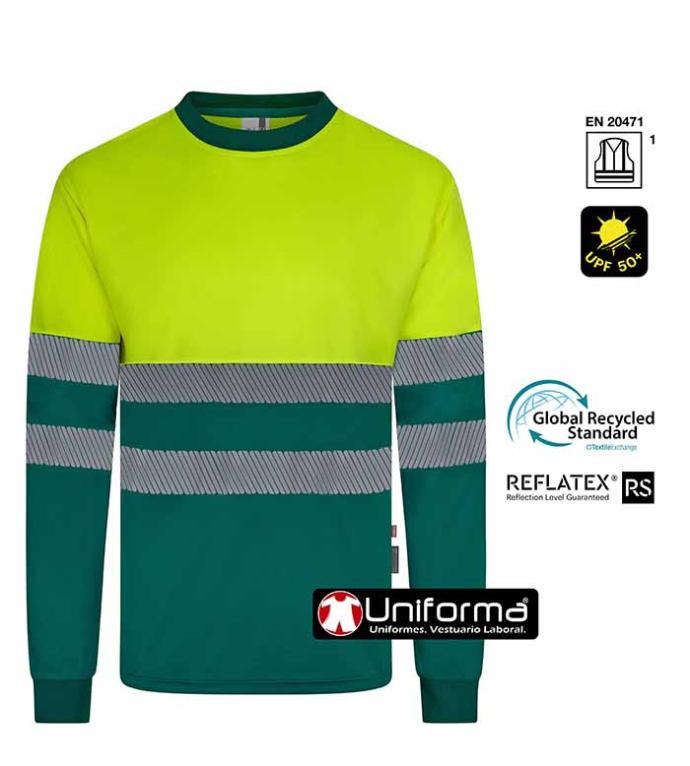 Camiseta de manga larga de alta visibilidad de diseño bicolor fabricada con poliéster reciclado procedente de botellas de plástico, personalizables con logo de empresa en Uniforma d