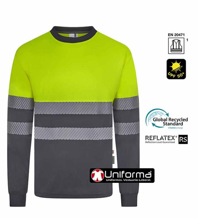 Camiseta de manga larga de alta visibilidad de diseño bicolor fabricada con poliéster reciclado procedente de botellas de plástico, personalizables con logo de empresa en Uniforma