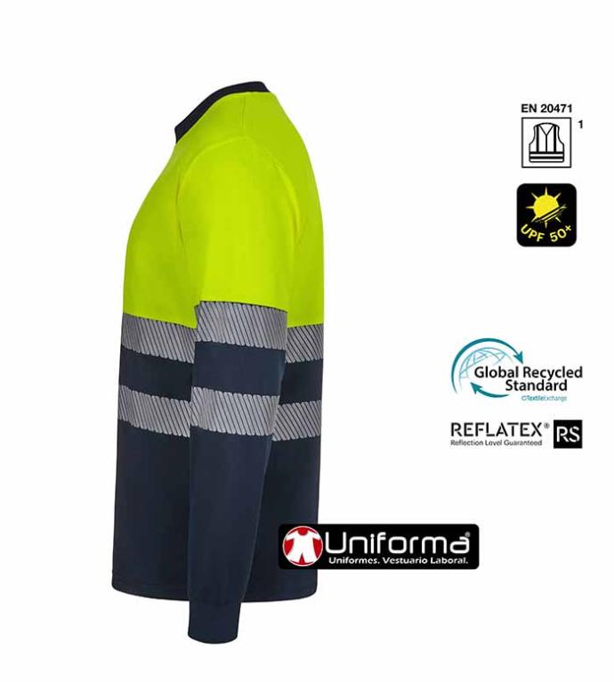 Camiseta de manga larga de alta visibilidad de diseño bicolor fabricada con poliéster reciclado procedente de botellas de plástico, personalizables con logo de empresa en Uniforma