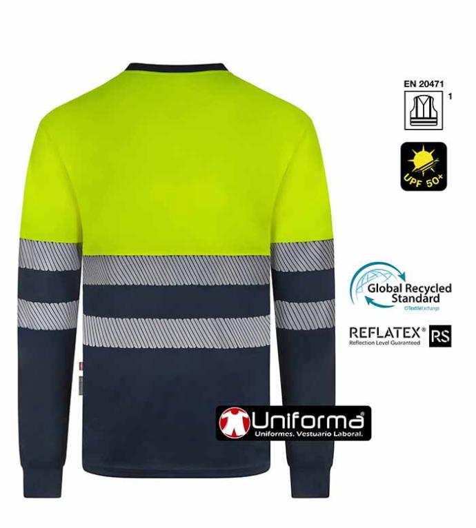 Camiseta de manga larga de alta visibilidad de diseño bicolor fabricada con poliéster reciclado procedente de botellas de plástico, personalizables con logo de empresa en Uniforma
