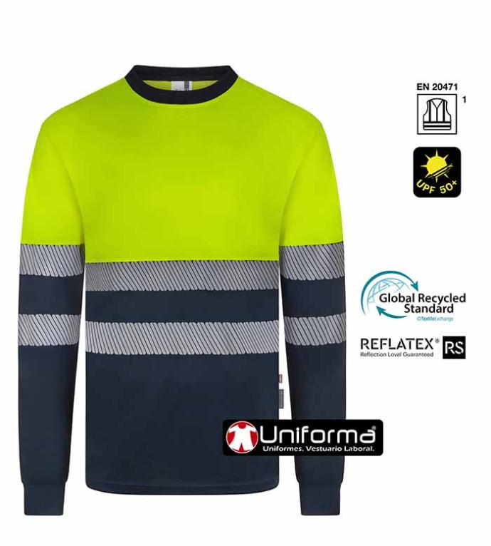 Camiseta de manga larga de alta visibilidad de diseño bicolor fabricada con poliéster reciclado procedente de botellas de plástico, personalizables con logo de empresa en Uniforma