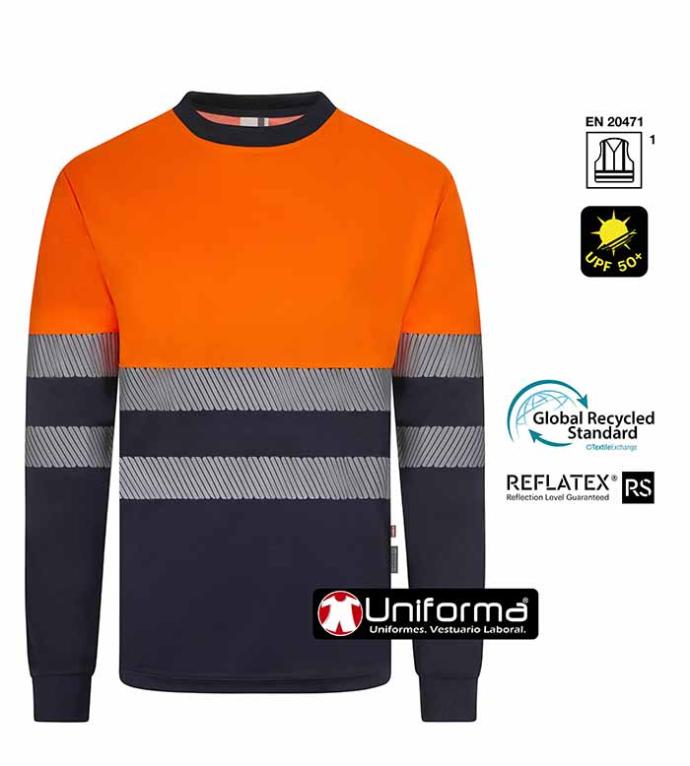 Camiseta de manga larga de alta visibilidad de diseño bicolor fabricada con poliéster reciclado procedente de botellas de plástico, personalizables con logo de empresa en Uniforma