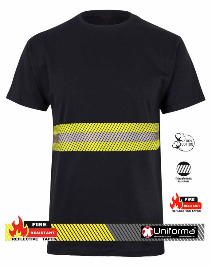 Camiseta de algodón con banda reflectante bicolor de 7cm de ancho, para ambientes luminosos y en penumbra, personalizable con logo de empresa en uniforma