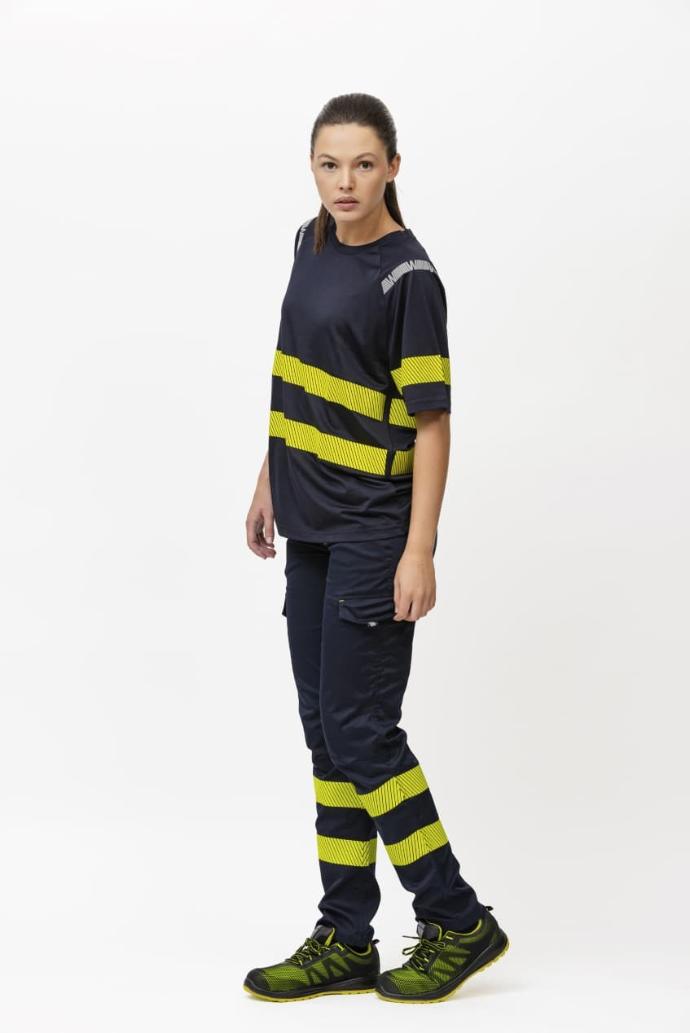 Pantalón de trabajo elástico Slim Fit, con cintas amarillas de alta visibilidad de tipo segmentadas en Uniforma