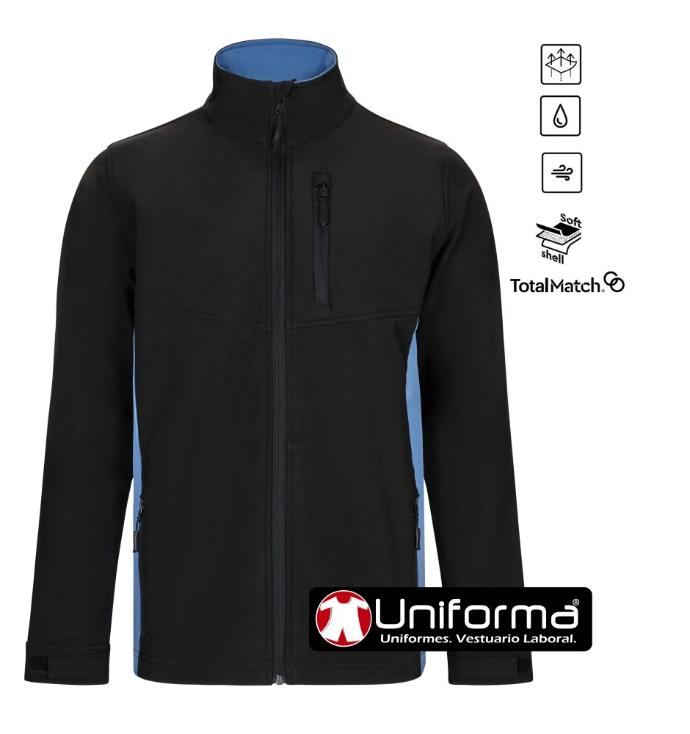 Chaqueta de trabajo softshell bicolor cortavientos, impermeables, elásticos, personalizables con logo de empresa en Uniforma 