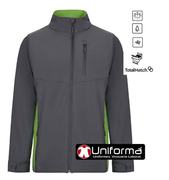 Chaqueta de trabajo softshell bicolor cortavientos, impermeables, elásticos, personalizables con logo de empresa en Uniforma