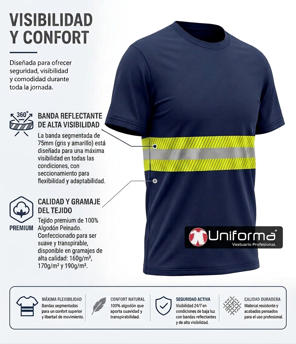 Camiseta Algodón Banda Reflectante Bicolor extra ancha de 75mm en Uniforma