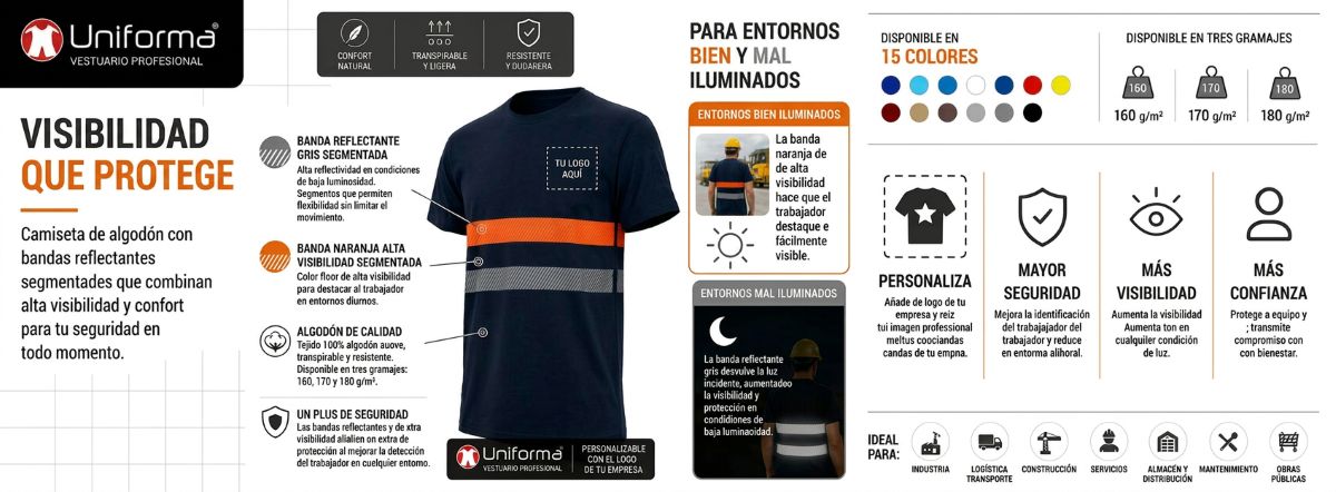 Camiseta Algodón Bandas Reflectantes y Naranja Flúor en Uniforma