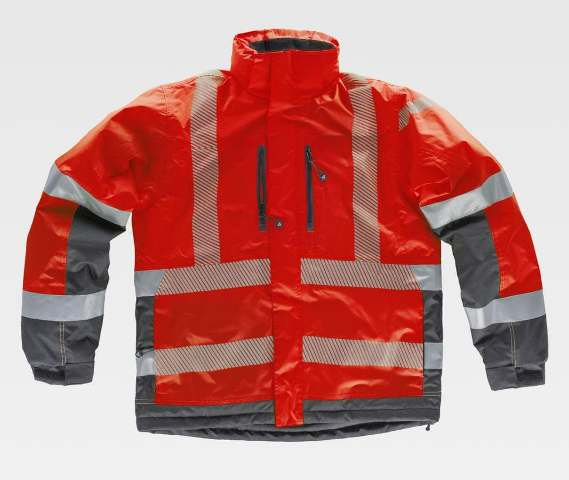 Parka de trabajo de alta visibilidad roja con bandas reflectantes segmentadas personalizable en uniforma