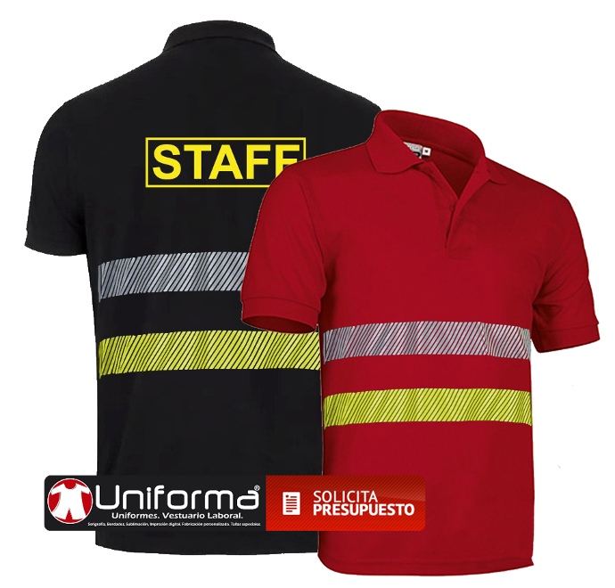 Polos de trabajo con bandas reflectantes segmentadas de alta visibilidad y amarillas reflectantes para noche y día de visibilidad realzada personalizables en uniforma con logo de empresa 