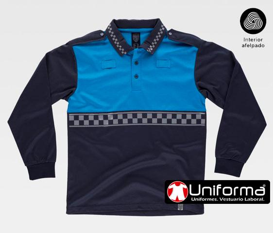 Polo de vigilante azul de seguridad de manga larga con damero e interior afelpado contra el frío en uniforma