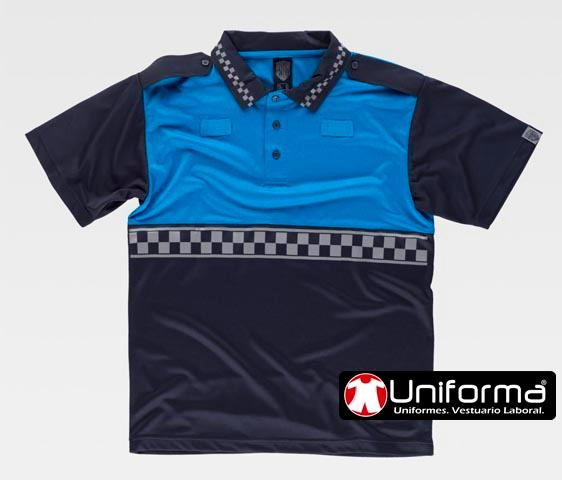 Polo para vigilante de seguridad con damero de manga corta trabillas trinchas hombreras en uniforma personalizable