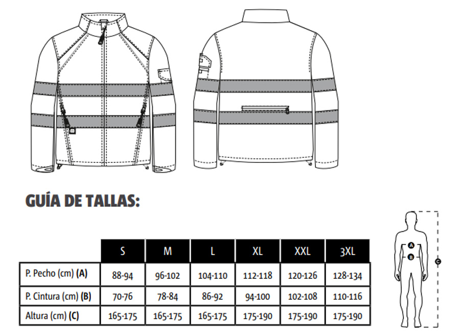 Chaqueta Softshell Alta visibilidad monza Fit MZ4756 en uniforma tabla de medidas