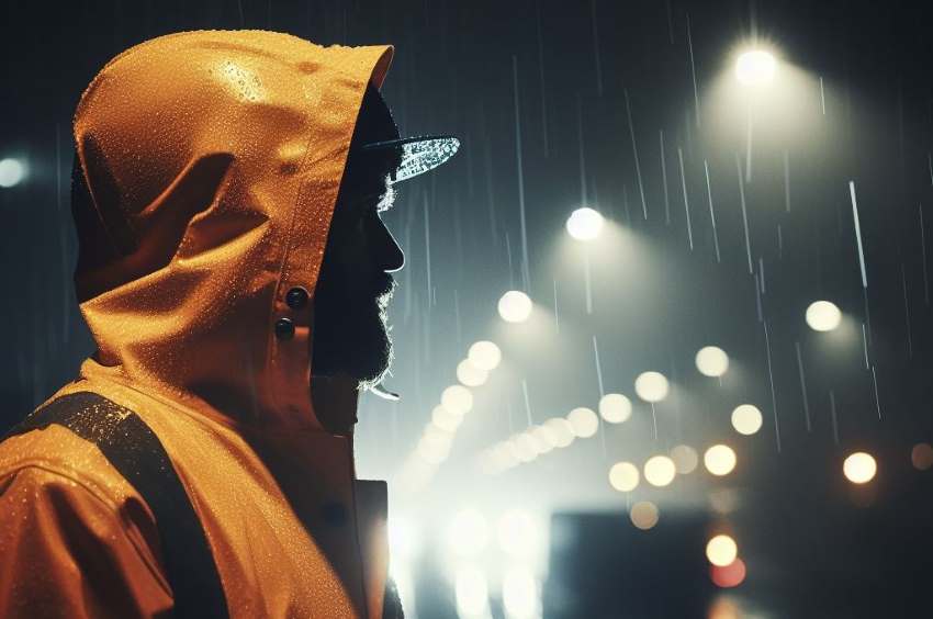 Trabajador con impermeable de alta visibilidad amarillo bajo la lluvia