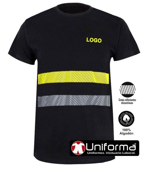 Camiseta de algodón negra con bandas reflectante y de alta visibilidad en uniforma