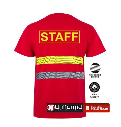 Camiseta de algodón roja  con bandas reflectante y de alta visibilidad personalizada en uniforma