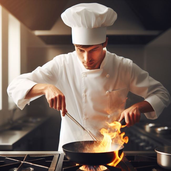 Cocinero con chaqueta de cocina de manga larga blanca al fuego