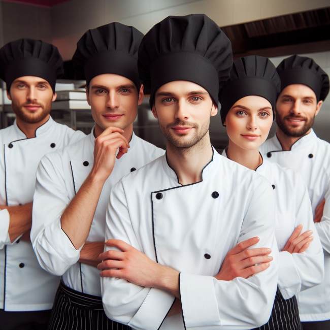 Equipo de cocineros con chaqueta de cocina blanca y gorros negros