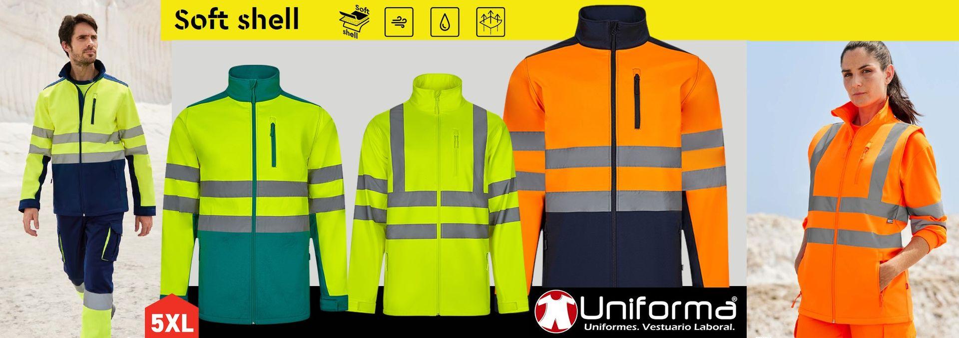 Chaquetas, cazadoras y chalecos tipos softshell reflectantes de alta visibilidad homologados EN ISO 20471 personalizables con logo de empresa en uniforma