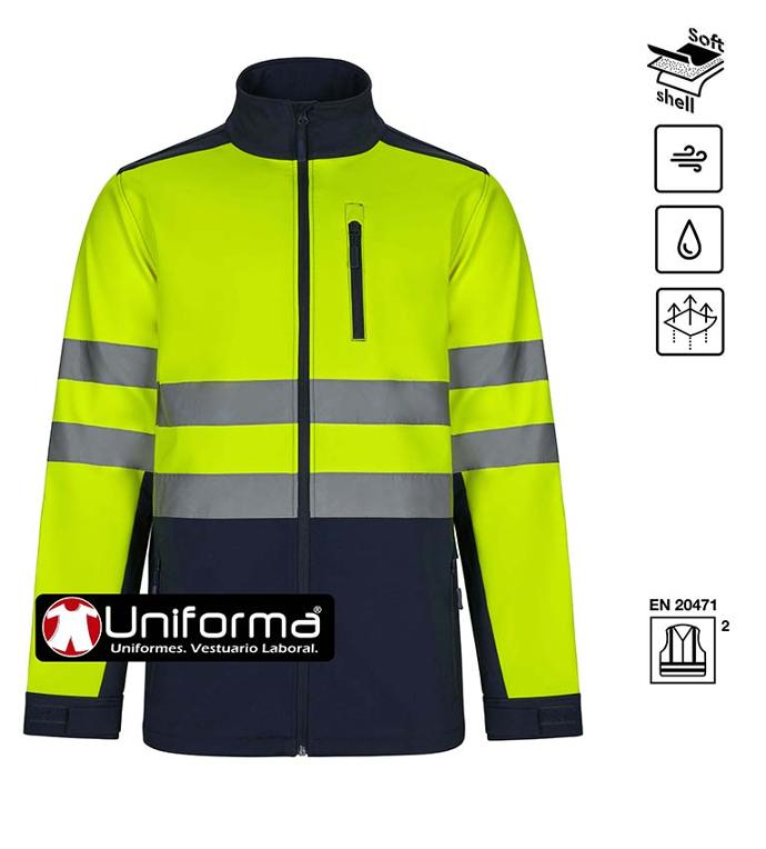 Chaueta de trabajo de alta visibilidad bicolor tipo softshell impermeable y transpirable en uniforma.net