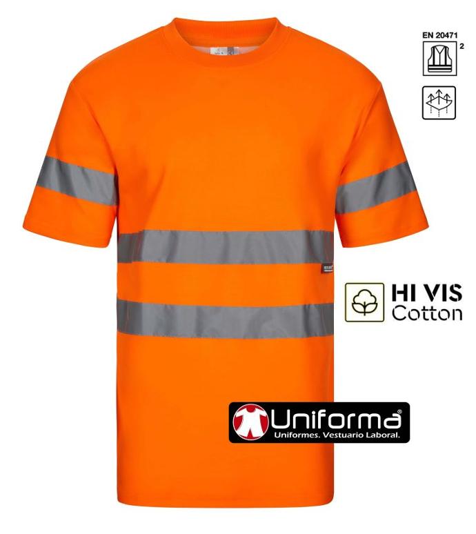 Camiseta de alta visibilidad con algodón Hi Vis cotton Camiseta de trabajo de alta visibilidad reflectante homologada EN iso 20471 clase 2 con algodón por dentro de la gama hi vis cotton, personalizable con logo de empresa en uniforma.net