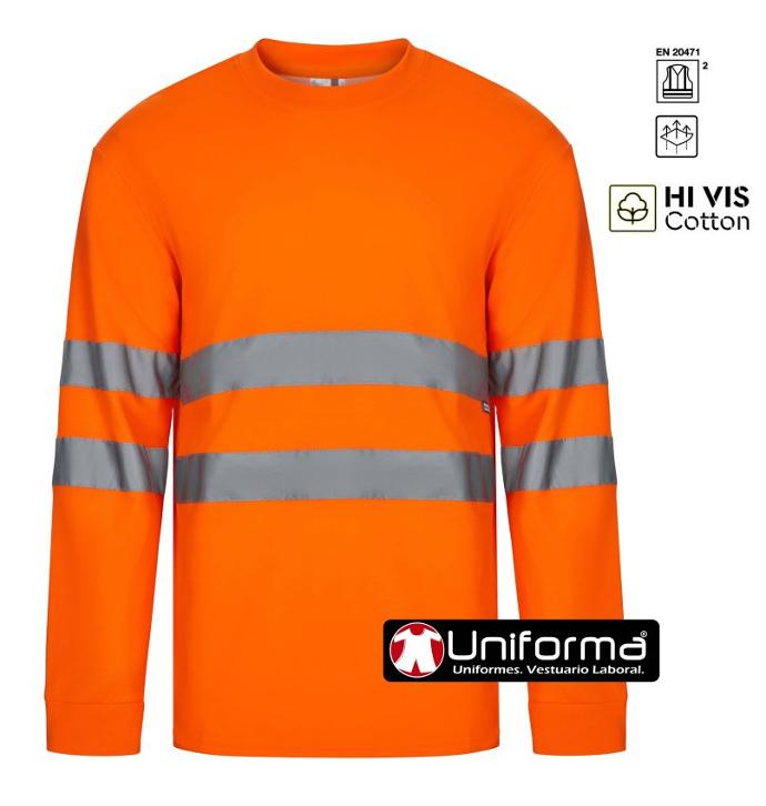 Camiseta de manga larga de alta visibilidad con algodón H Vis Cotton personalizable con logo de empresa en uniforma de color naranja fluorecente