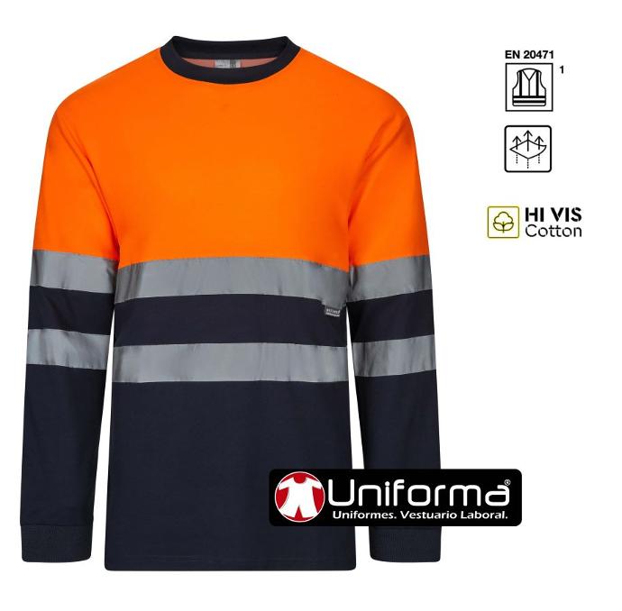 Camiseta de trabajo de manga larga de alta visibilidad de la gama hi vis cotton, ropa de trabajo reflectante de alta visibilidad con algodón para evitar alergias, disponible y personalizable con logo de empresa en uniforma