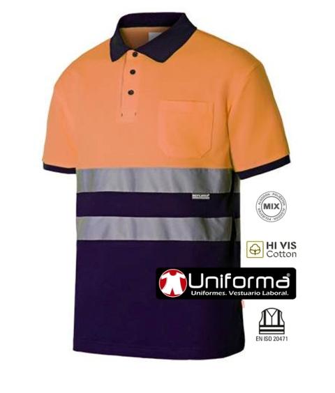 Polo de trabajo de alta visibilidad de algodón Hi Vis Cotton reflectante homologado EN ISO 20471, de diseño bicolor para minimizar las manchas, personalizable con logo de empresa en uniforma