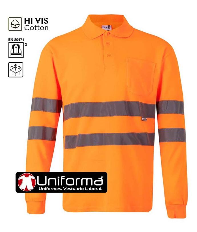 Polo de trabajo de alta visibilidad en color naranja reflectante con tejido de algodón Hi Vis Cotton de diseño monocolor y manga larga, personalizable con logo de empresa en uniforma